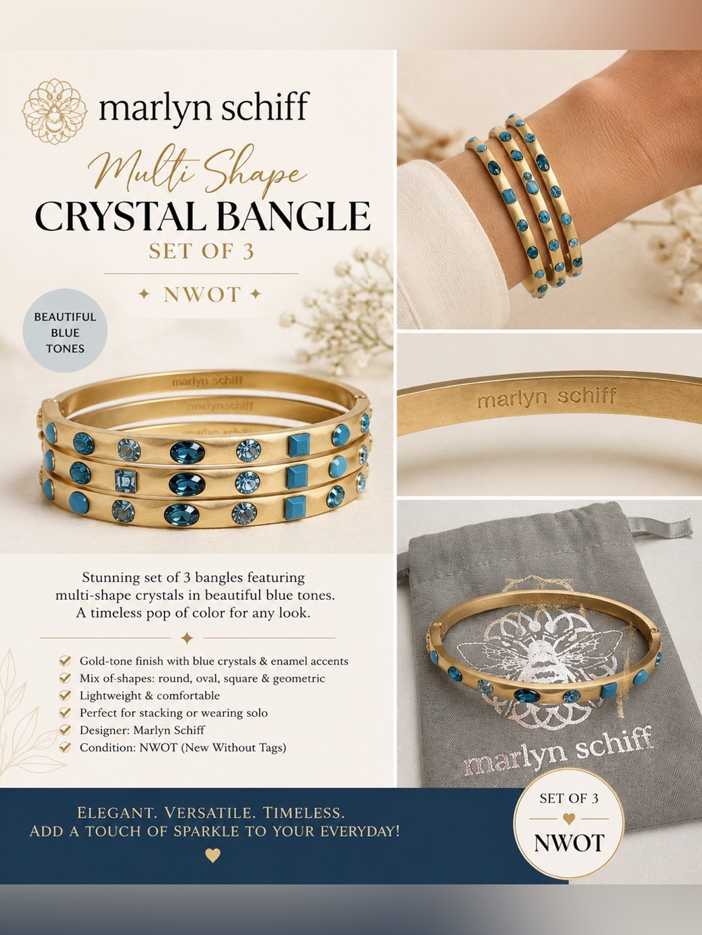 Marlyn Schiff Gold-Tone Matte Blue Crystal Multi-Shape Bangle Set of 3 NWOT